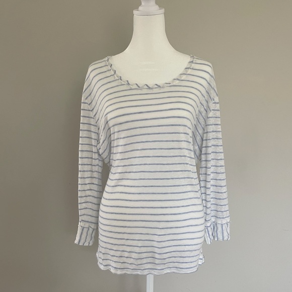 Mododoc‎ 3/4 Sleeve Scoopneck Slub Blue and White Tee - Picture 1 of 6
